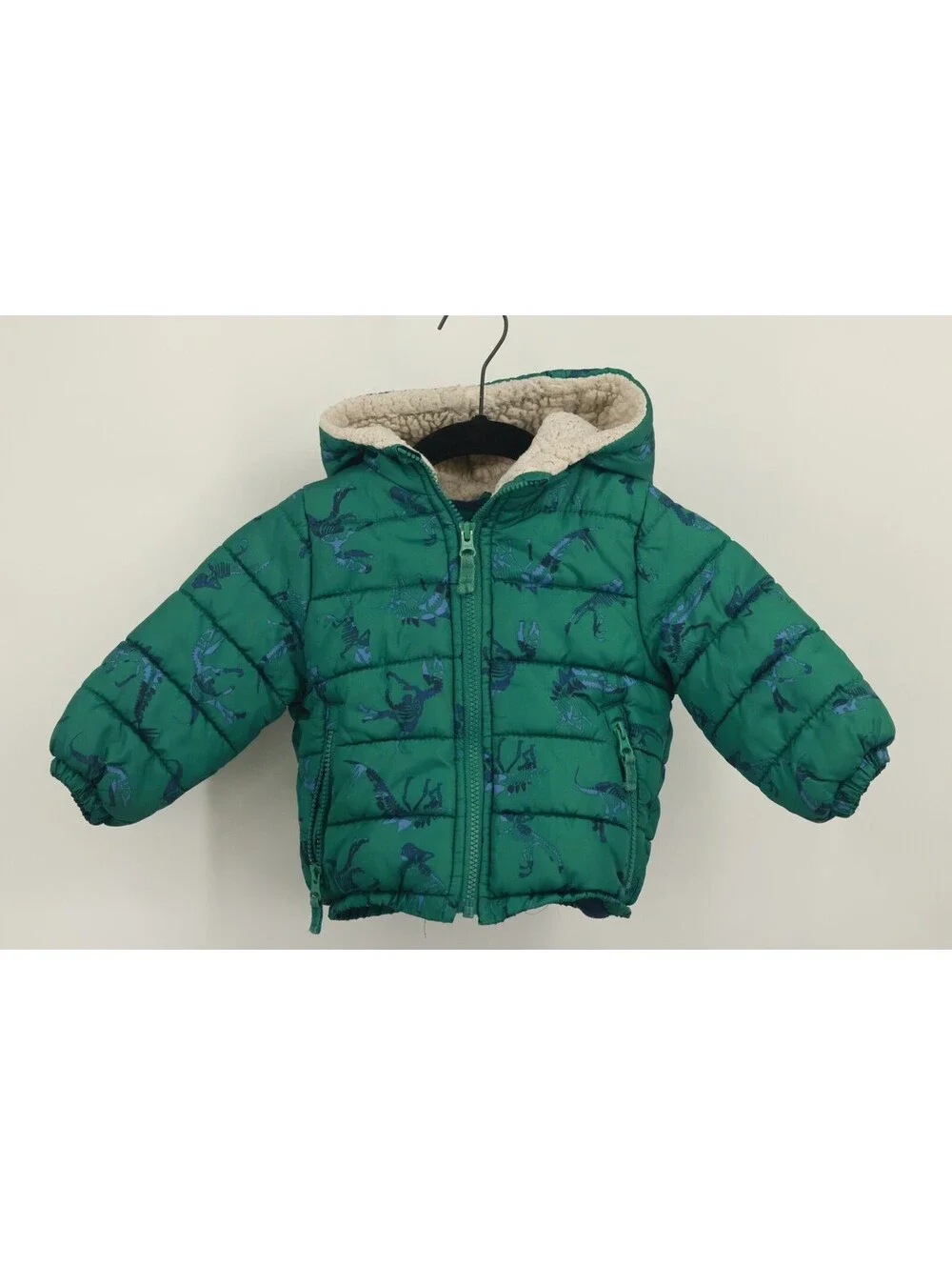 OshKosh B'gosh Boys Green Dinosaur Skeleton Puffer Jacket 18M Sherpa Hooded Coat